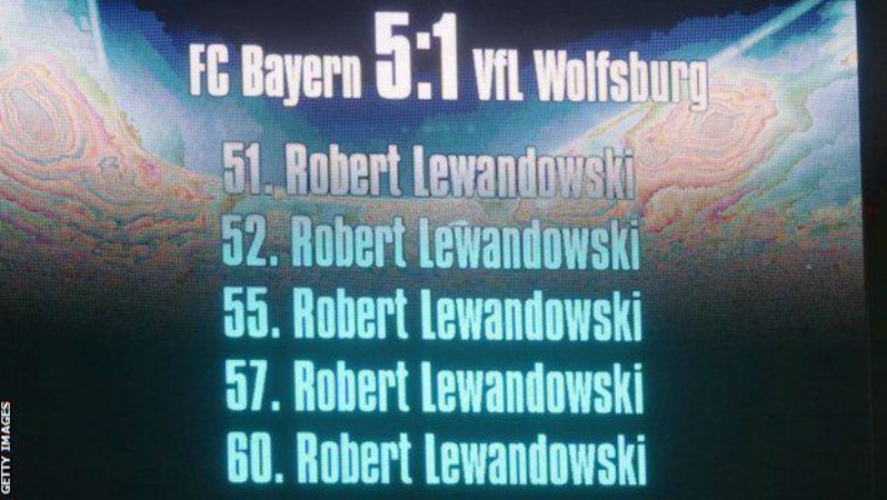 Greatest Single Game Performance: the scoreboard showing Lewandowski's 5 goals in 9 minutes.