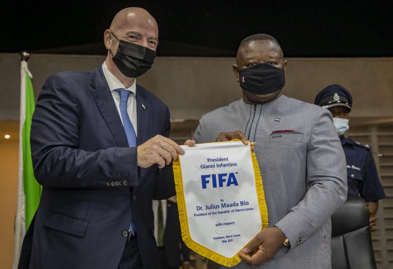  FIFA President Gianni Infantino and His Excellency, Dr Julius Maada Bio, President of the Republic of Sierra Leone, during the joint CAF and FIFA visit to Sierra Leone in May 5, 2021 in Freetown, Sierra Leone.