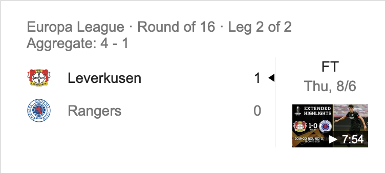 Leverkusen defeated Rangers in the Europa League.