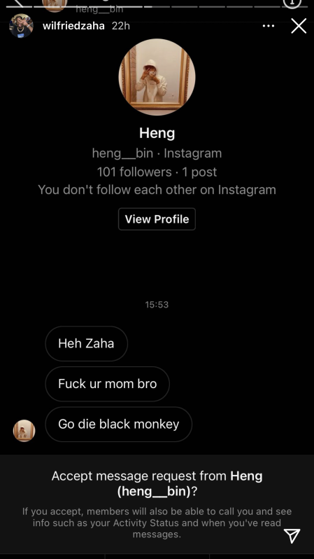 Zaha shares to his Instagram the abuse he suffered.