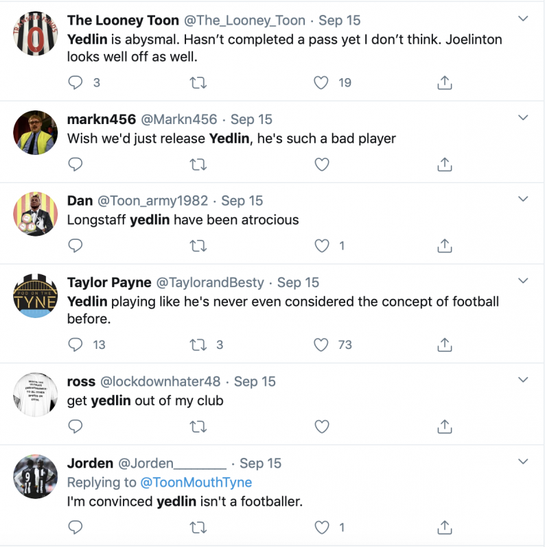 Newcastle fans were unimpressed with Yedlin's first game of the 2020/21 season.