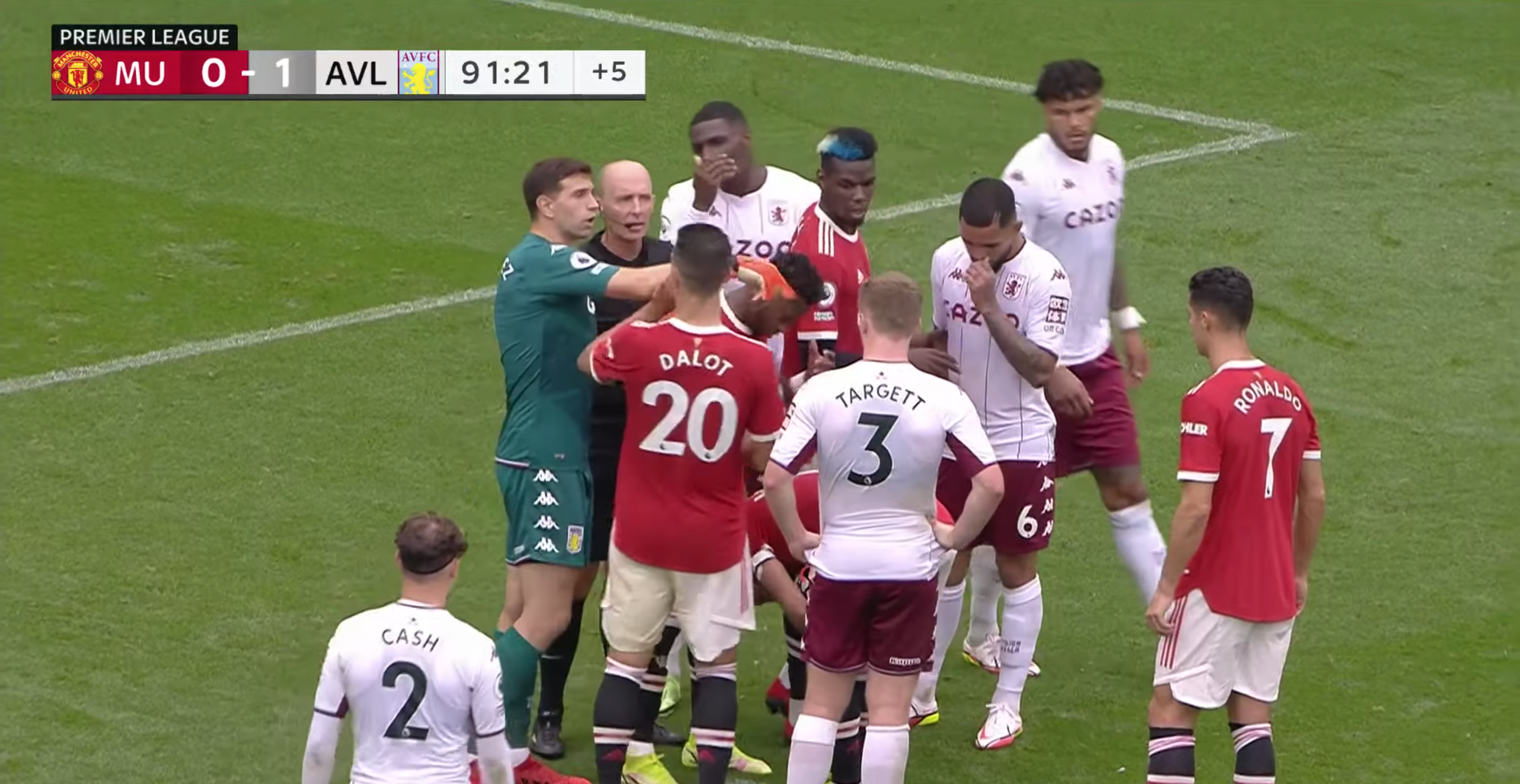 Emi Martinez forced off at half-time of Brentford vs Aston Villa after  'taking a ball in the nuts'