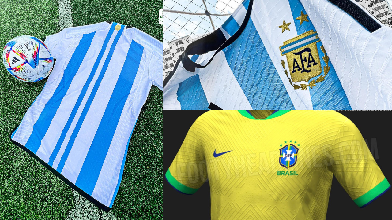 Vazamento clássico da camisa da Argentina e do Brasil para a Copa do Mundo