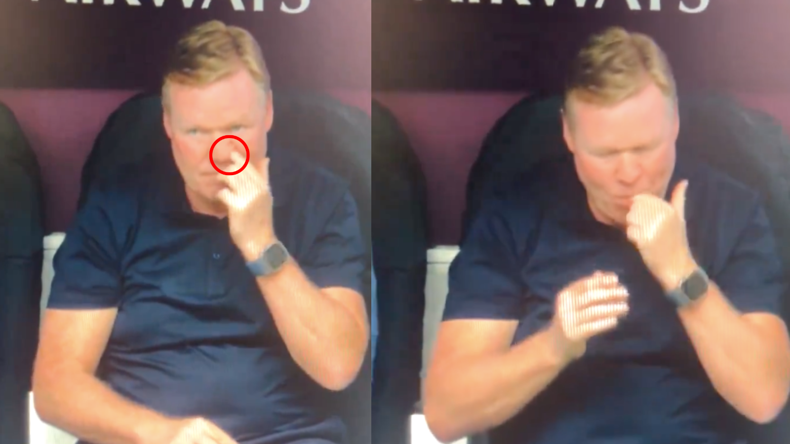 De Nederlandse manager Ronald Koeman werd betrapt op het eten van zijn eigen snot tijdens de wedstrijd Polen-Nederland