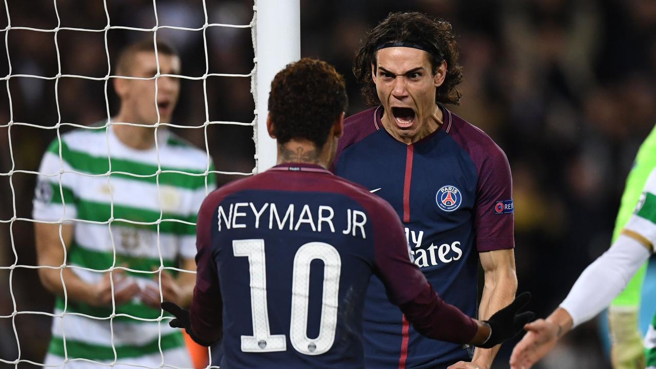 Edison Cavani and Neymar Celebrate Goal Against Celtic 