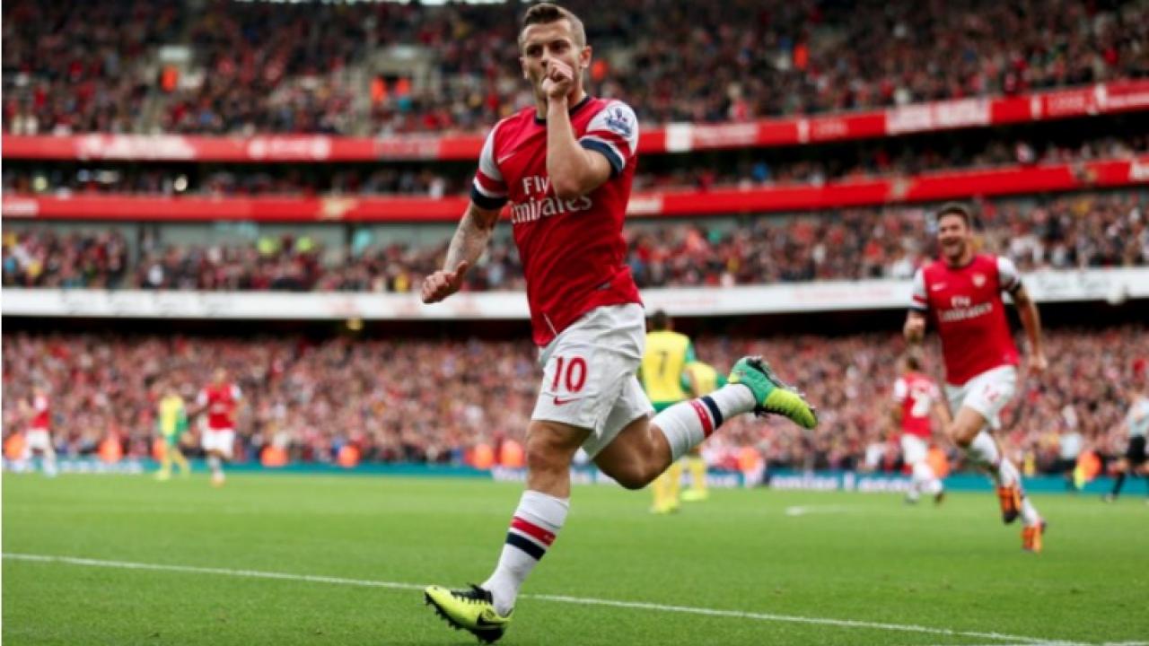 Jack Wilshere celebrates his goal of the year candidate vs Norwich. 