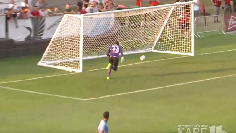 Minnesota United's Sammy Ndjock scores an own goal.