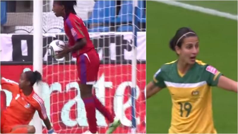 A player is shown holding the ball, her opponent is up in arms with indignation. 