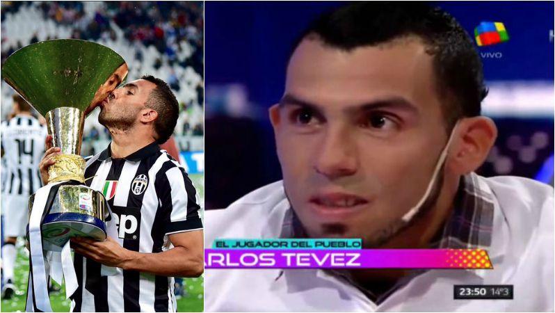 Carlos Tevez with a trophy and on the television set. 