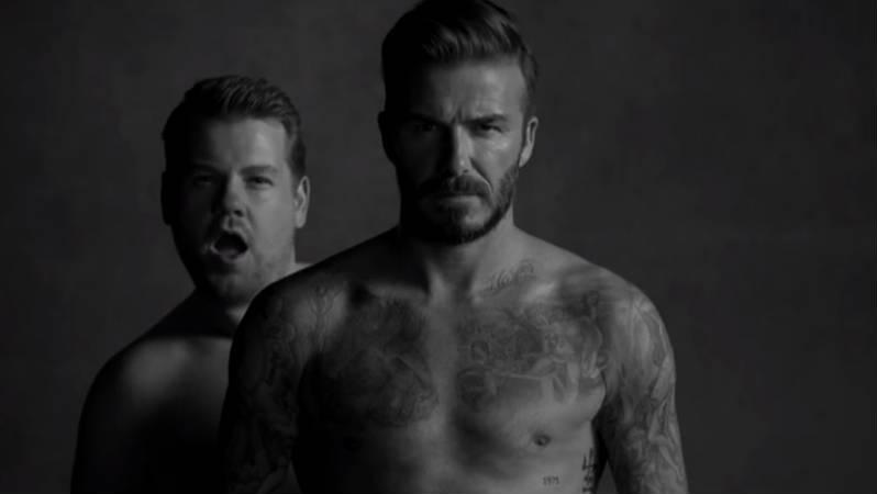 James Corden appears behind David Beckham 