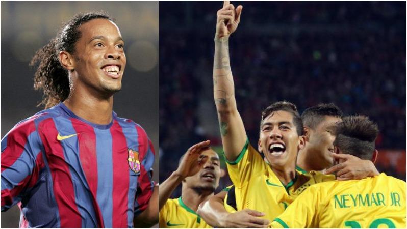 Ronaldinho in his Barcelona days on the left. Firmino celebrating as part of Brazil on the right. 