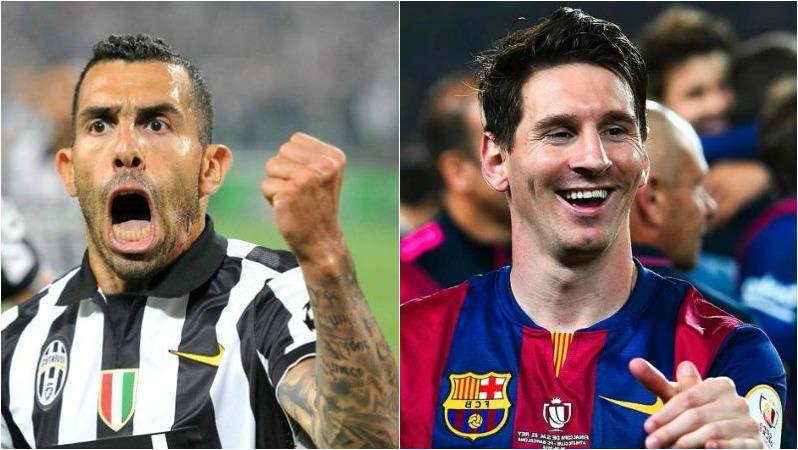 Carlos Tevez is pictured yelling with a single fist raised. Messi is pictured with a wide, satisfied smile. 