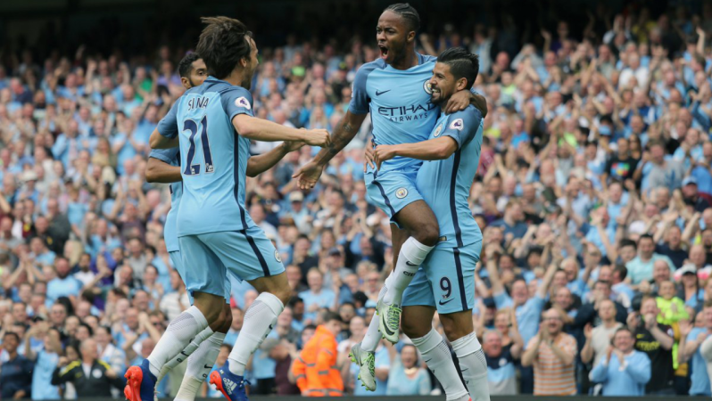 Raheem Sterling celebrates a Manchester City goal.