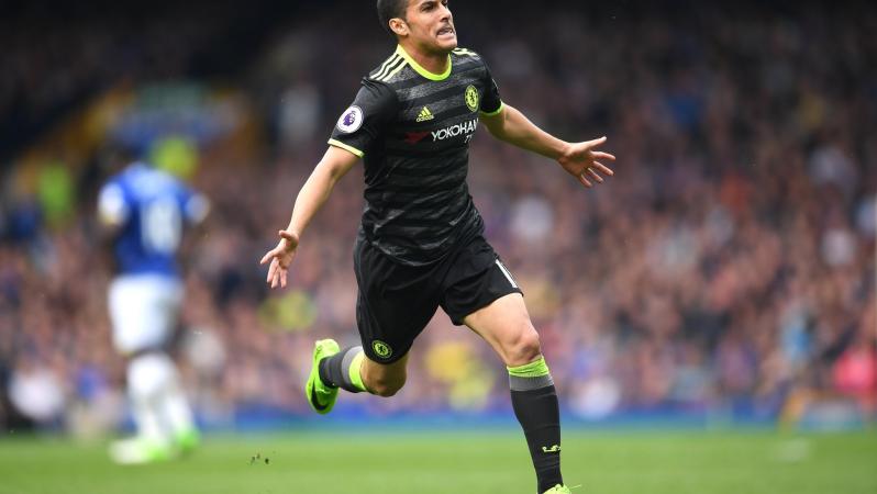 Pedro celebrates after a left-footed wonder goal for Chelsea against Everton