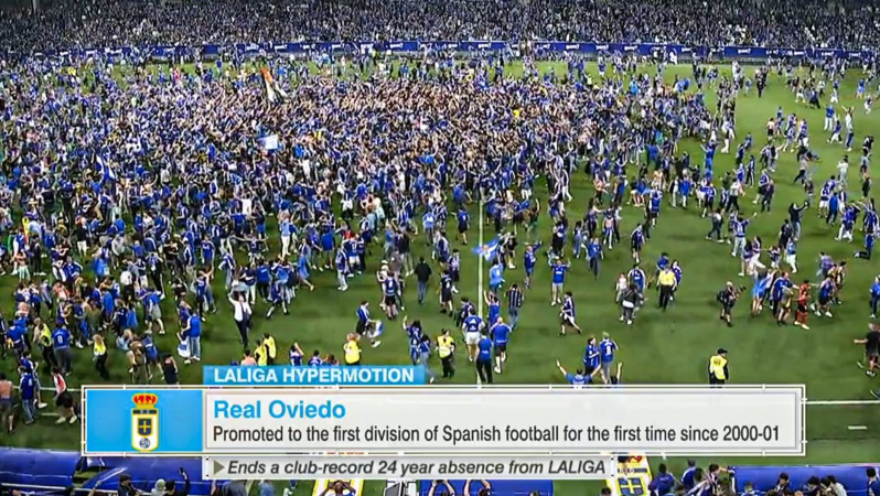 Real Oviedo fans storm pitch after promotion final whistle