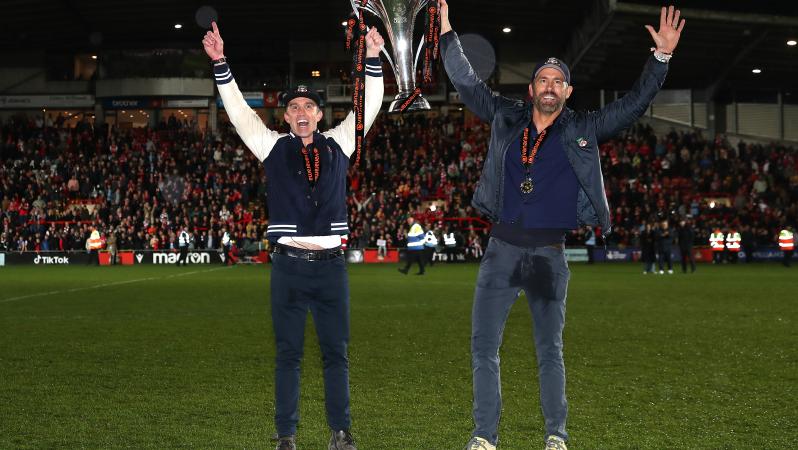 Rob McElhenney and Ryan Reynolds, Owners of Wrexham celebrate with the Vanarama National League trophy