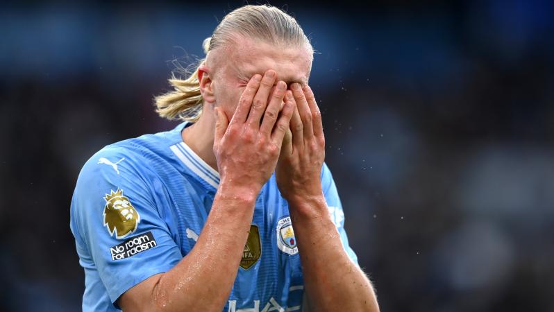 Erling Haaland reacts in Manchester City-Arsenal