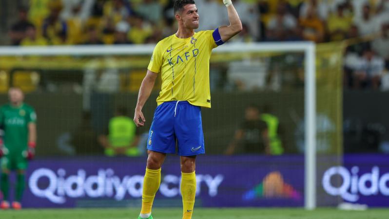 Cristiano Ronaldo celebrates goal during the Saudi Pro League match between Al-Nassr and Al Wehda