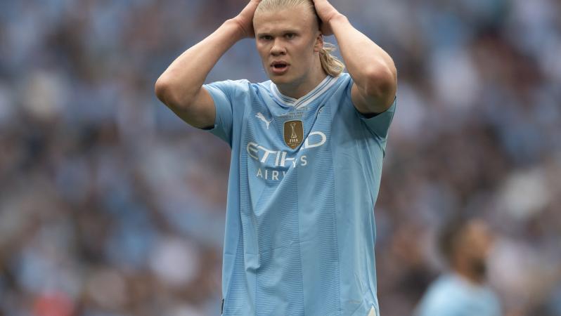 Erling Haaland reacts during Emirates FA Cup Final match between Manchester City and Manchester United