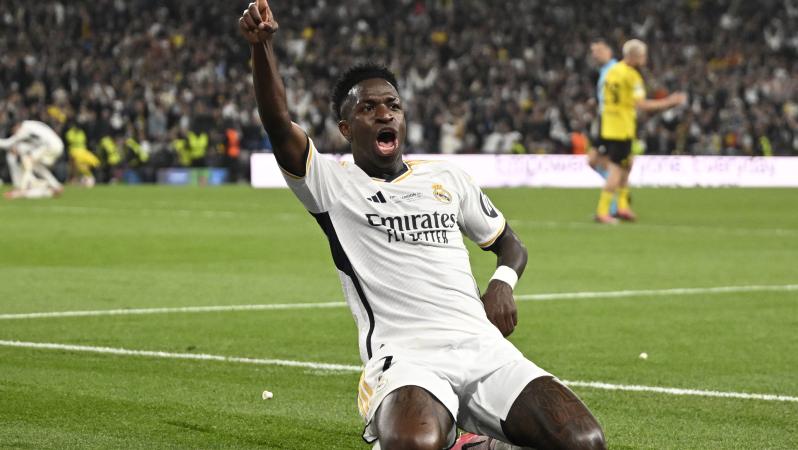 Vinicius Junior celebrates after scoring his team's second goal during the UEFA Champions League final against Borussia Dortmund 