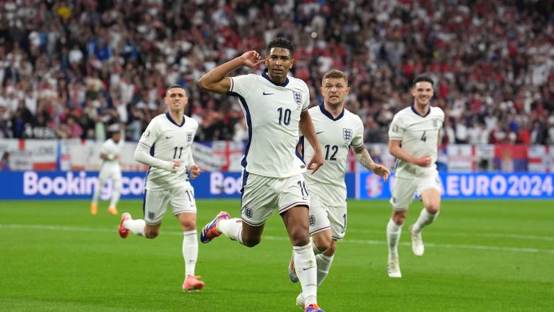  Jude Bellingham celebrates scoring against Serbia during the UEFA Euro 2024