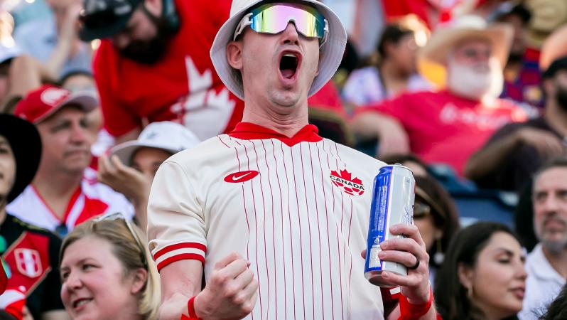 A Canada fan celebrates a goal during the COPA America group A match between Canada and Peru on Tuesday June 25, 2024 at Children's Mercy Park in Kansas City, KS.