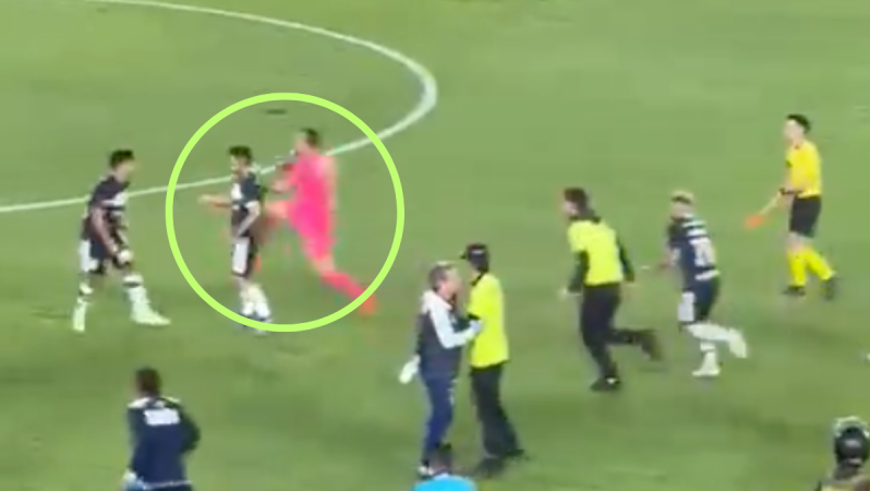 Goalkeeper Jose Carvallo flying kick