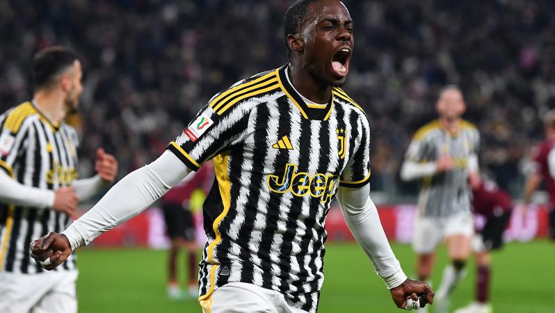 Tim Weah celebrates his first goal in Serie A for Juventus