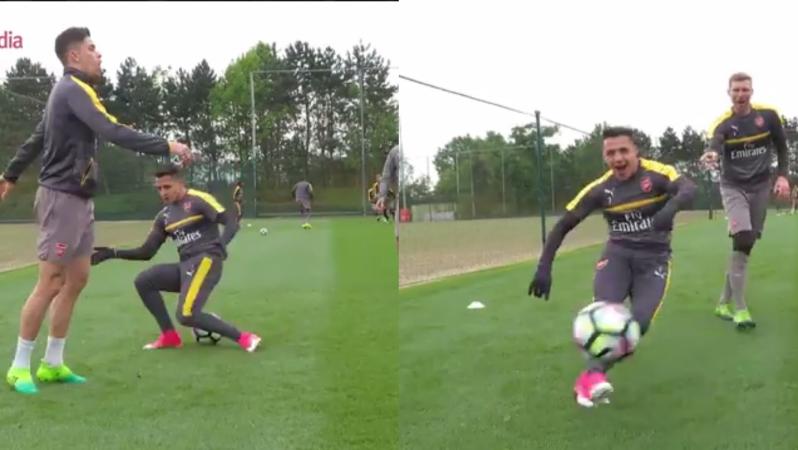 Alexis Sanchez gets nutmegged by Gabriel