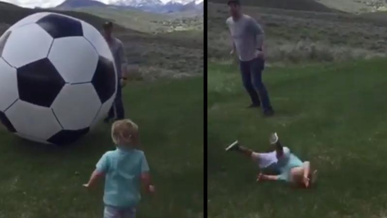 Dad destroys son with giant soccer ball