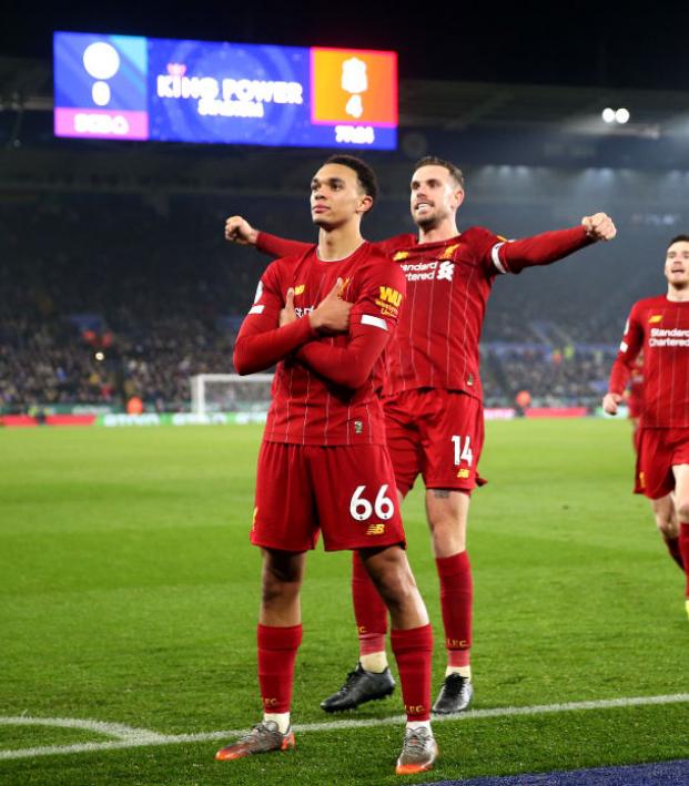 Trent Alexander-Arnold celebrates his goal against Leicester City