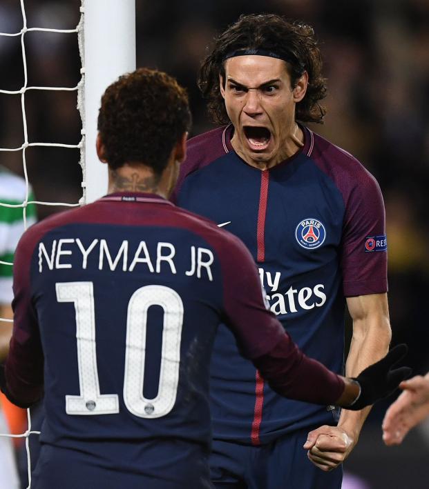 Edison Cavani and Neymar Celebrate Goal Against Celtic 