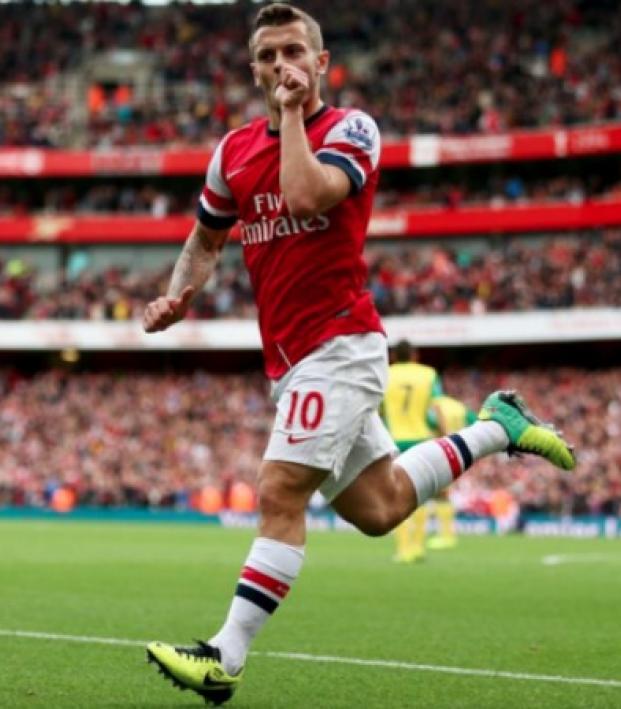 Jack Wilshere celebrates his goal of the year candidate vs Norwich. 