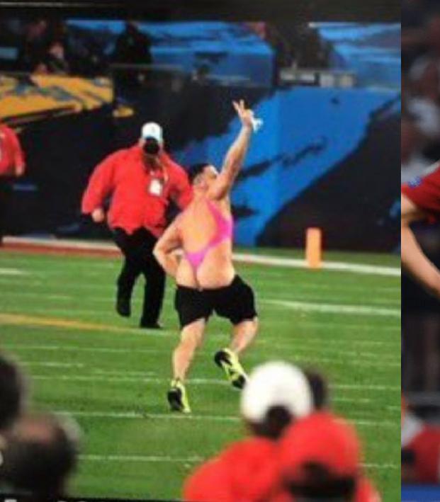 Streaker: Fan in pink one-piece runs on field during Super Bowl LV