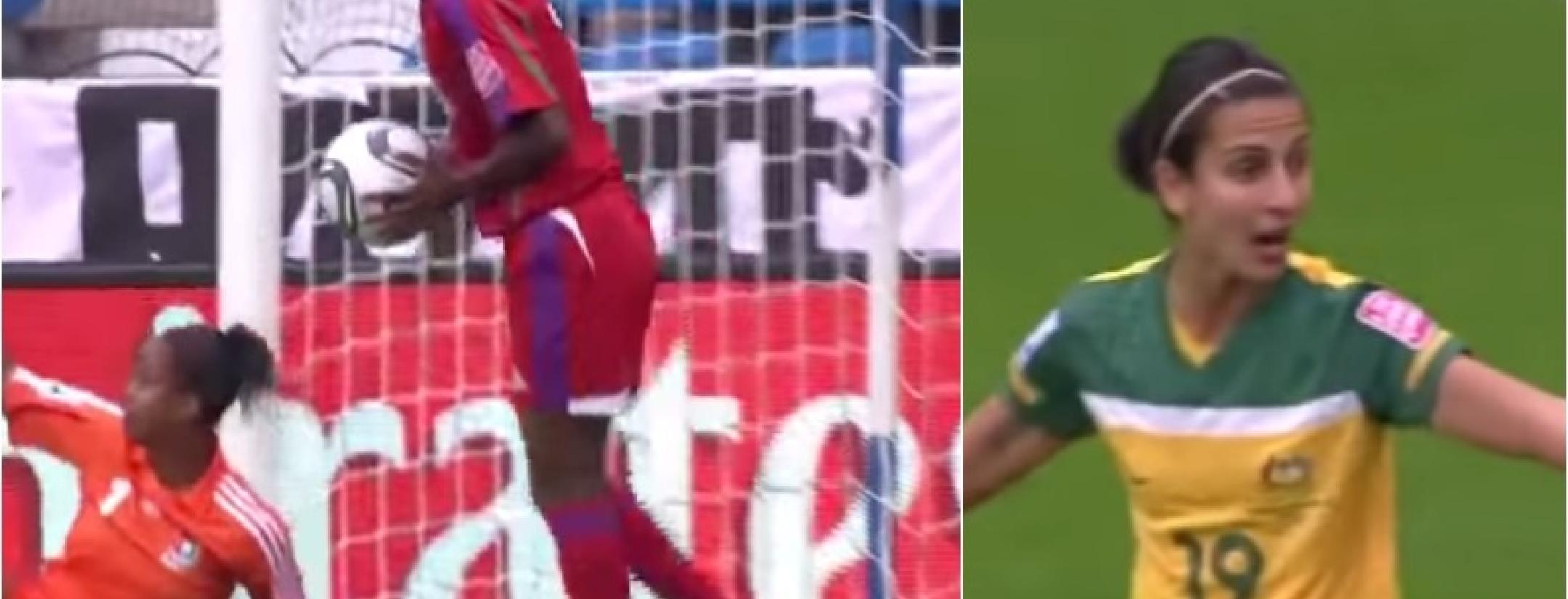 A player is shown holding the ball, her opponent is up in arms with indignation. 