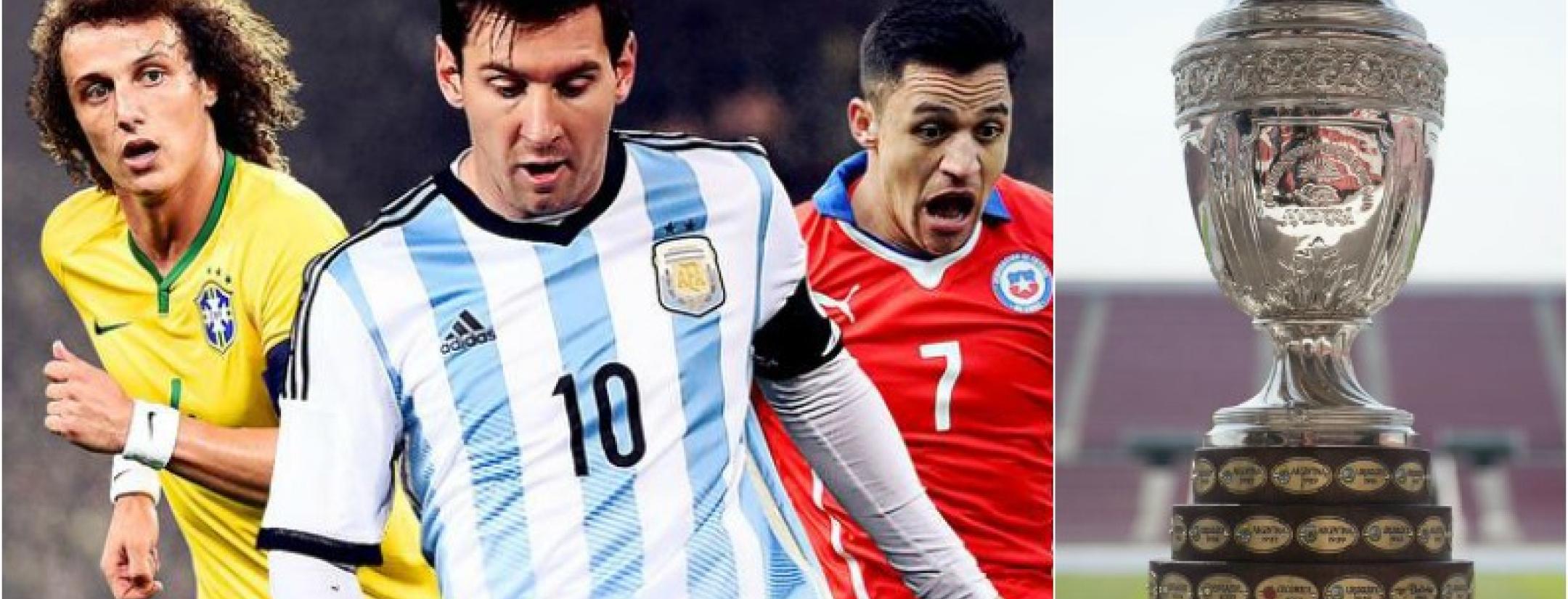 David Luis, Lionel Messi, and Alexis Sanchez are pictured together in a photoshopped image. The Copa America trophy is also pictured. 