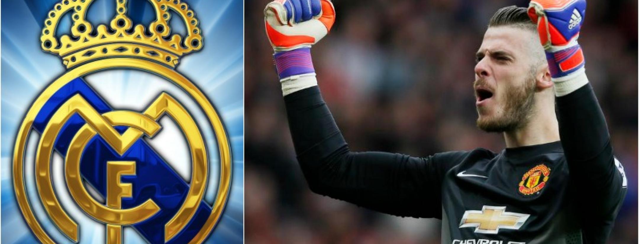 David De Gea is shown celebrating with his arms raised to fists. Real Madird's logo is also pictured.