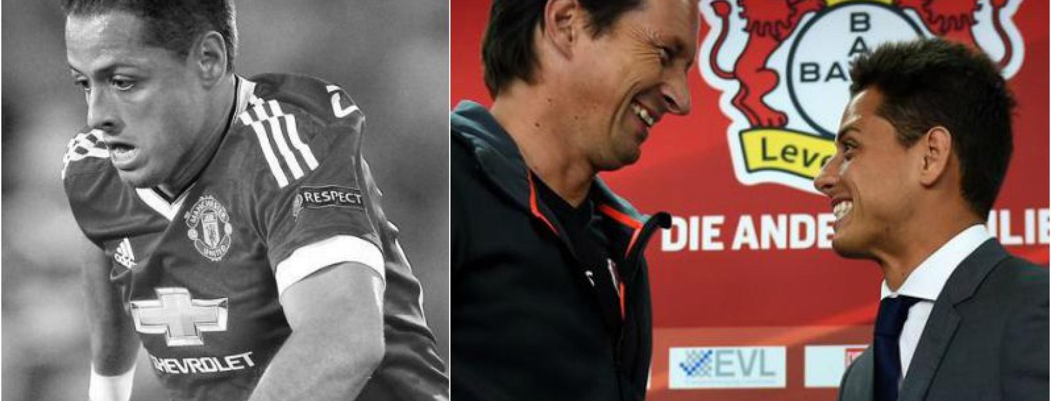 Chicharito at Manchester United and then at a Leverkusen press conferece. 