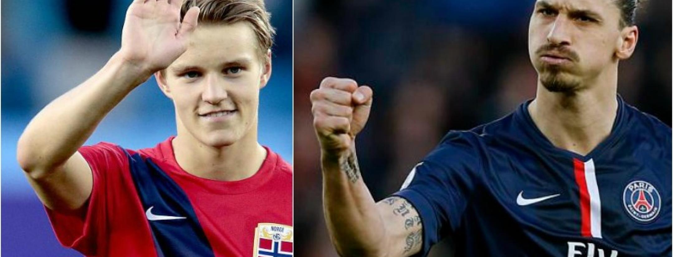 Martin Odegaard is picture waving. Zlatan is pictured with an out streched fist.
