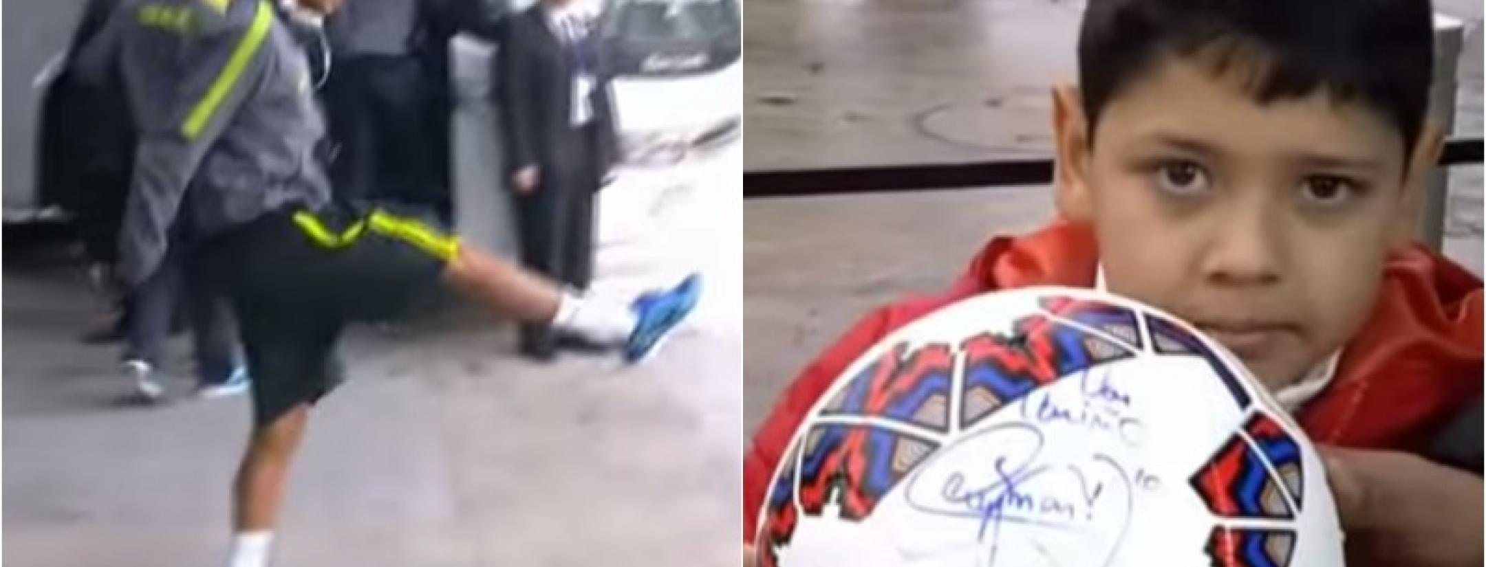 Neymar is shown kicking a ball from a line getting onto a bus. Then a kid is shown holding a ball