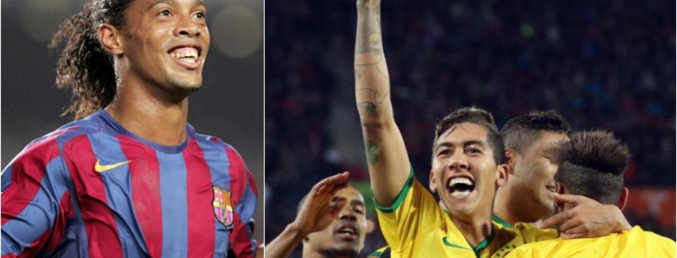 Ronaldinho in his Barcelona days on the left. Firmino celebrating as part of Brazil on the right. 