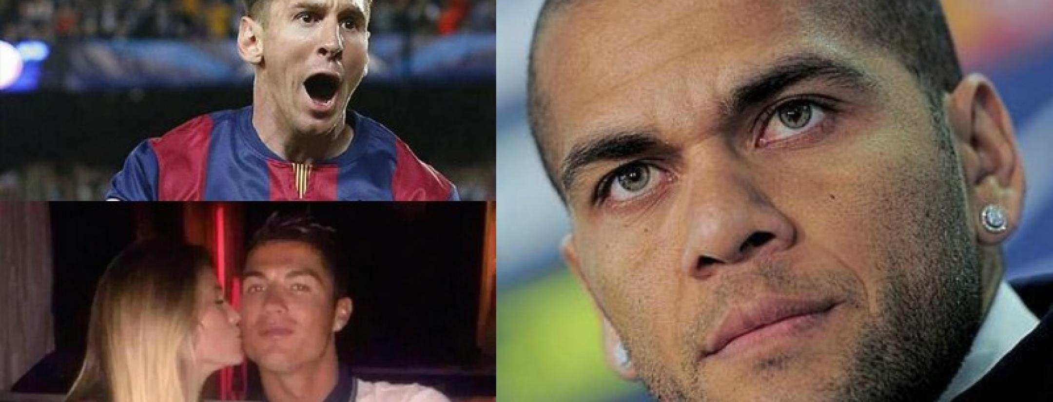 MEssi celebrating. ROnaldo getting kissed by a girl. Alves looking serious. 