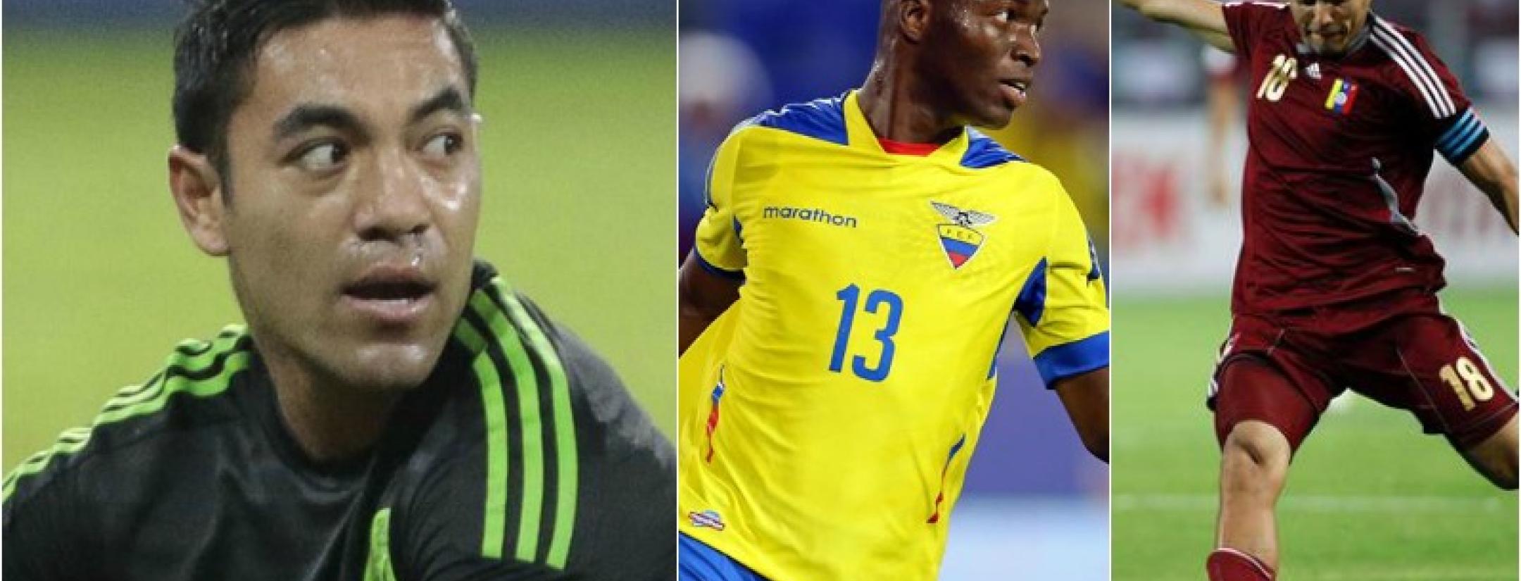 Marco Fabian of Mexico is pictured looking to his left, where two frames of players from Ecuador and Venezuela are picture. 