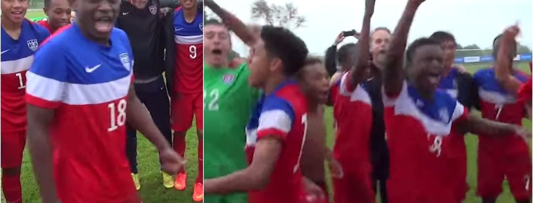 The boys of the U15 U.S. National Team raucously celebrate with a new chant.