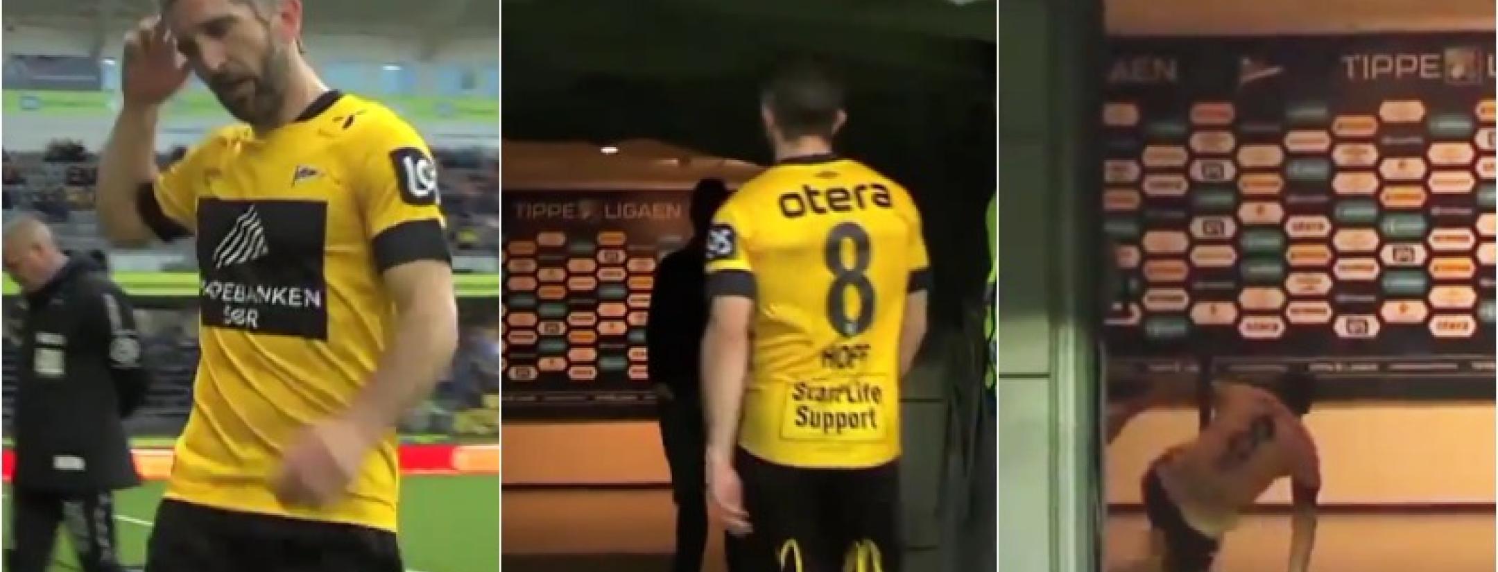 Espen Hoff walks into the tunnel as he leaves after being sent off. 