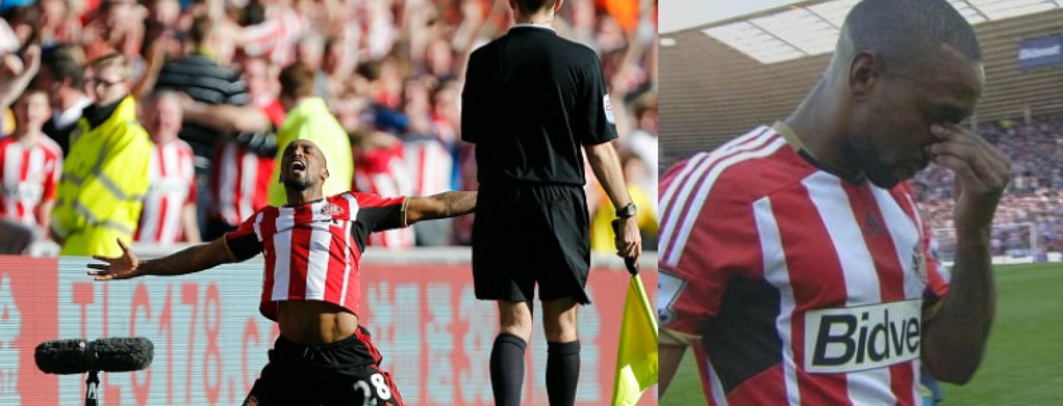 Jermain Defoe fights back tears during the Tyne-Wear Derby