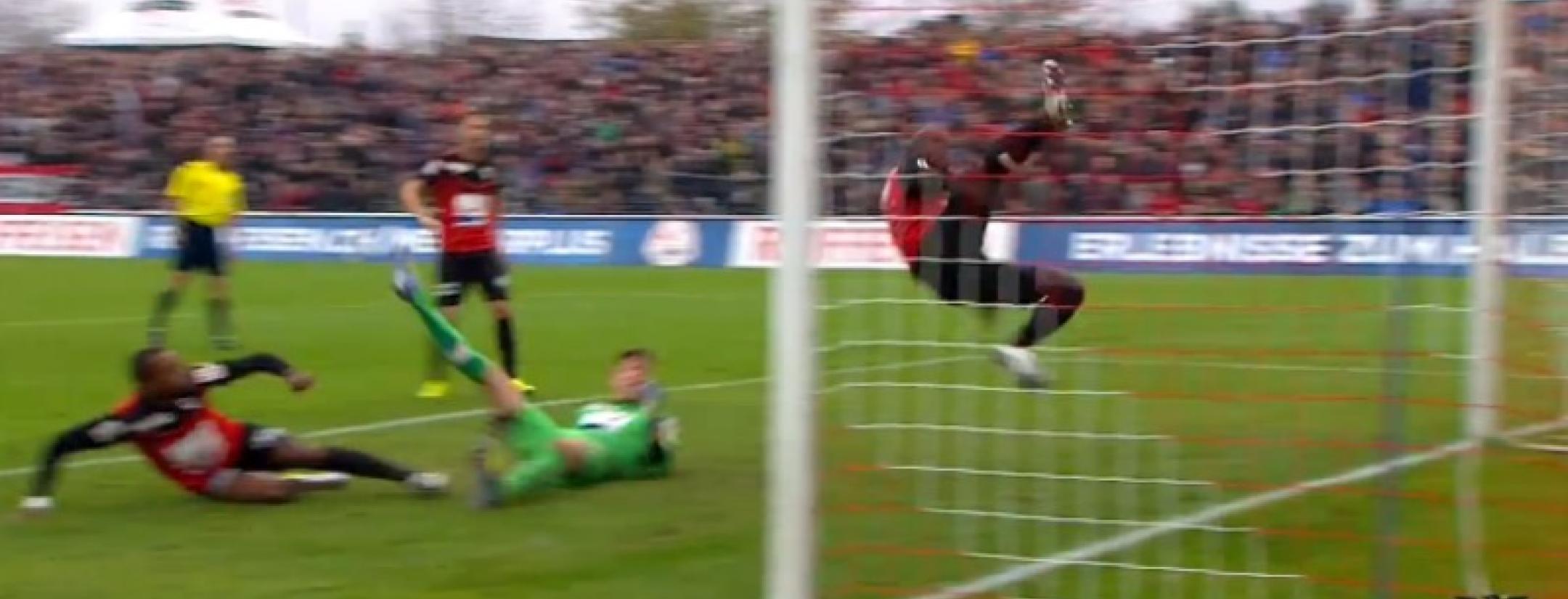 Igor N'Ganga makes an incredible save with a bicycle kick practically inside the goal