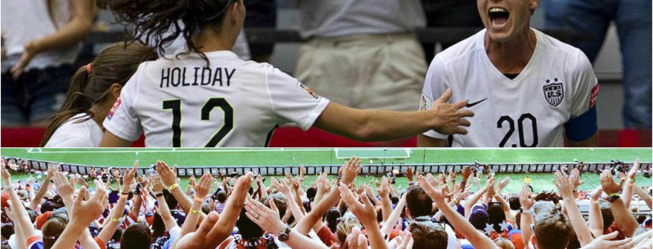 Abby Wambach is shown yelling in celebration after scoring against Nigeria. 