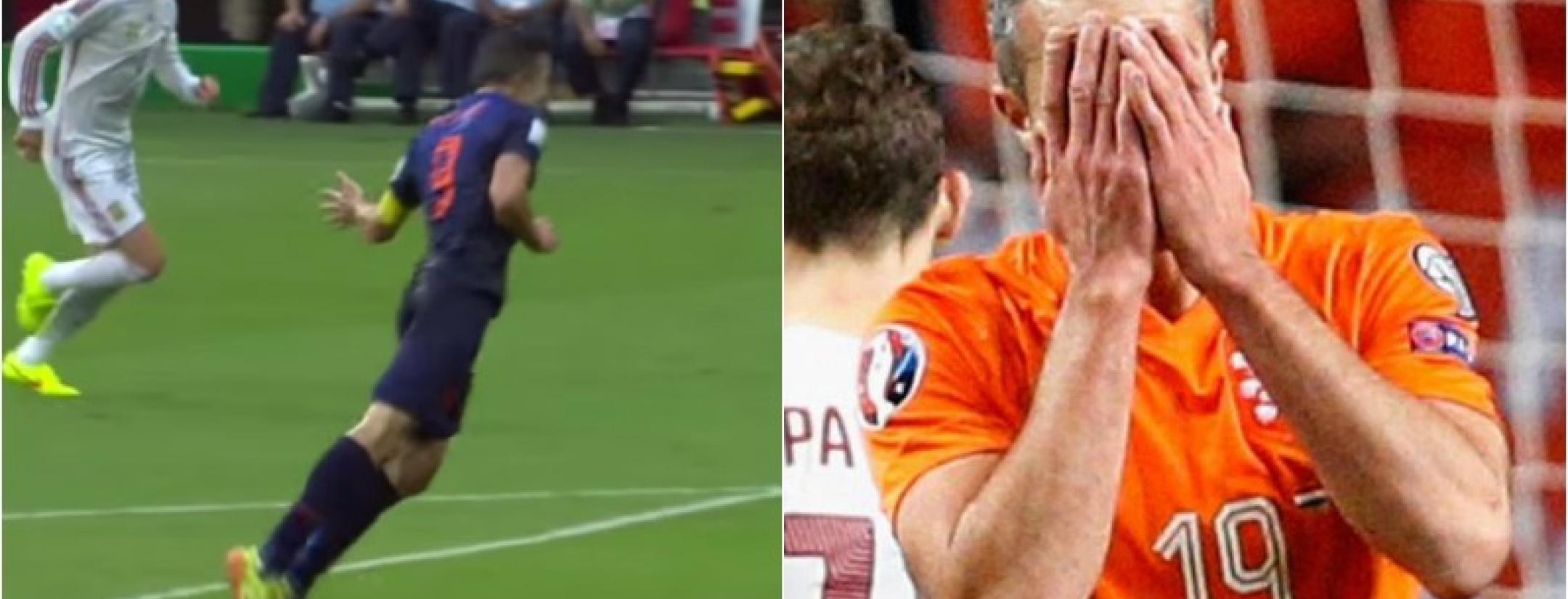 Robin van Persie scoring in 2014 and shamed in 2015.