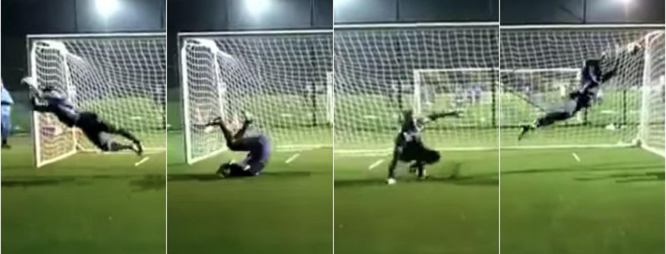 a keeper in various stages of diving and summersaulting.